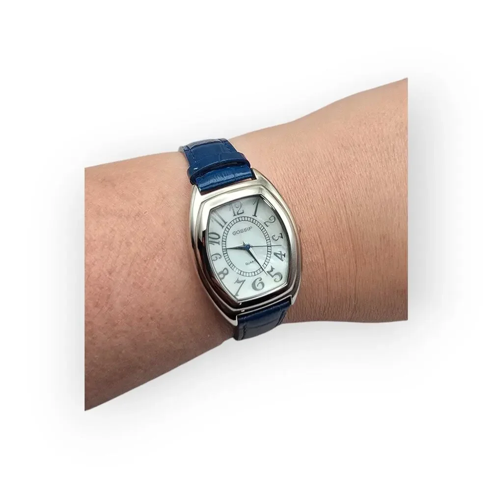 Gossip Blue Strap Silver Tone Tonneau Watch Vintage Inspired Everyday Chic